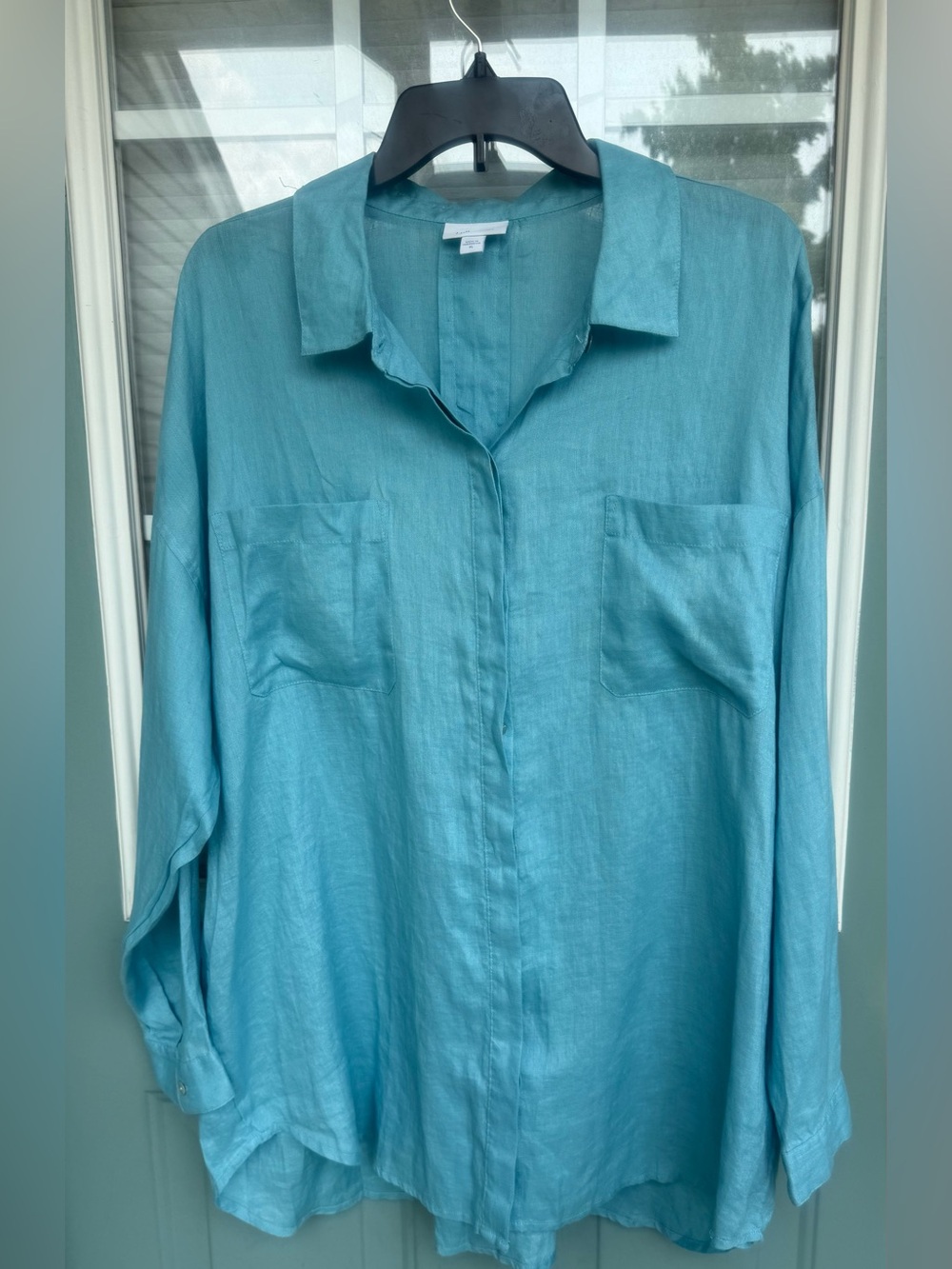 J.Jill Love Linen Shirt Women’s XL Aqua Blue 100% Linen Button Front Long Sleeve